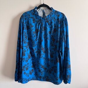 Long Sleeve Floral Blue and Black Women's Plus Size Blouse 4XL